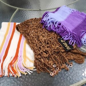 Elegant Women's Scarf Trio in Purple, Brown, and Multicolor by